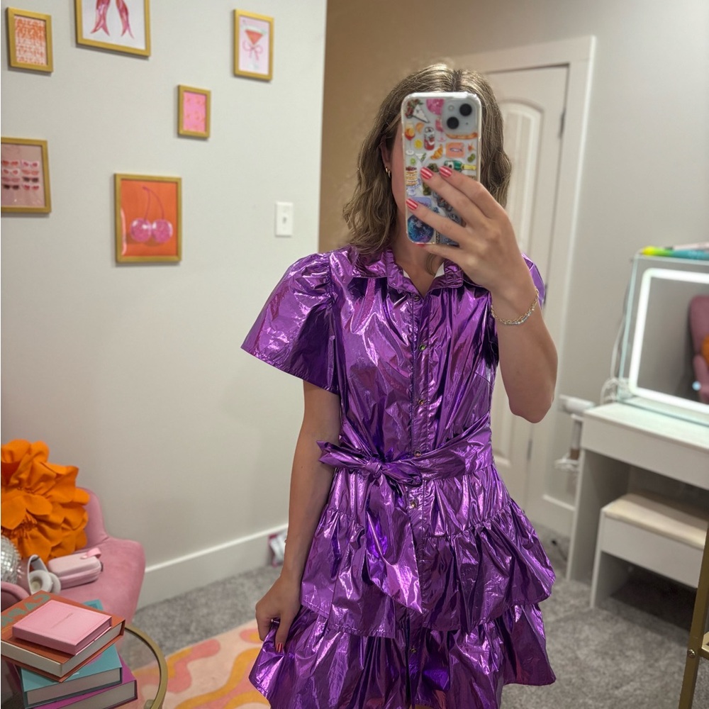 QOS Metallic Purple Flutter Dress